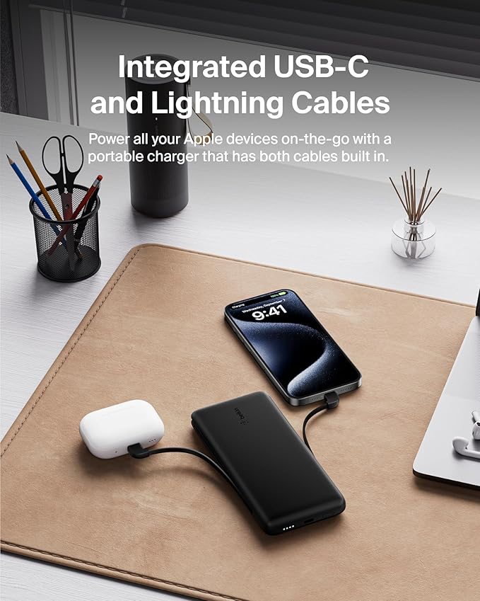 Belkin Portable Charger Power Bank for iPhone/Android (10,000mAh), 23W Battery Pack with Integrated USB-C, Lightning Cables, Pass-Through Capability, Charge 2 Devices at Once, Phone Charger Power Bank