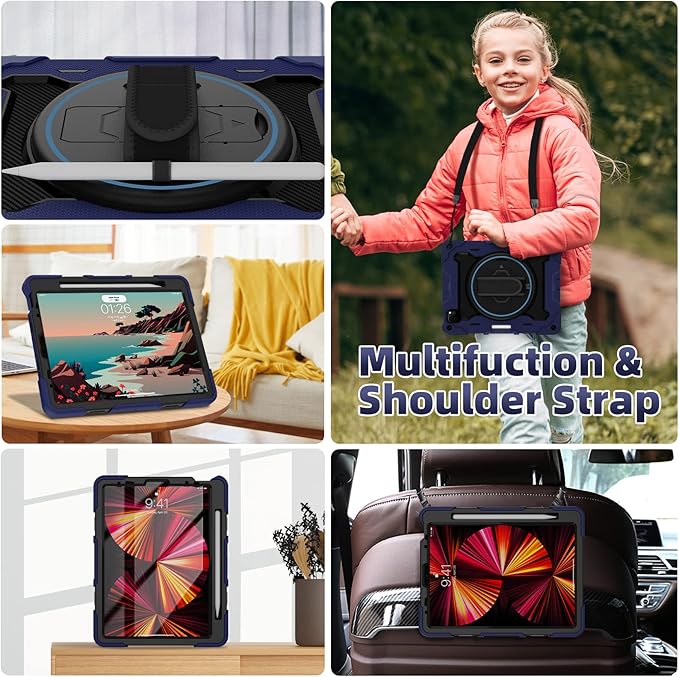 For iPad Air 5th 4th Generation 10.9 inch Case with Screen Protector [15ft Drop Protection] iPad Pro 11 Case 4th 3rd 2nd 1st Gen (2022 2021 2020 2018) for Kids W/ 360 Stand Hand/Shoulder Strap