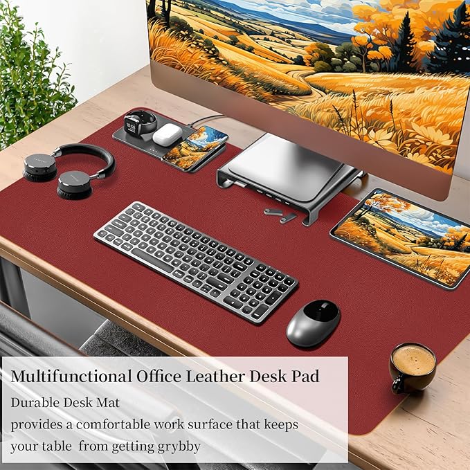 Bloss Red Leather Desk Mat Protector,Large Mouse Pad,Dual-Side Use Mouse Pads,Office Desks Mats,Laptop Protector Desks Mat,Waterproof Dual-Side Desk Keyboard/Writing Pad for Office/Home.31.5"x 15.7"