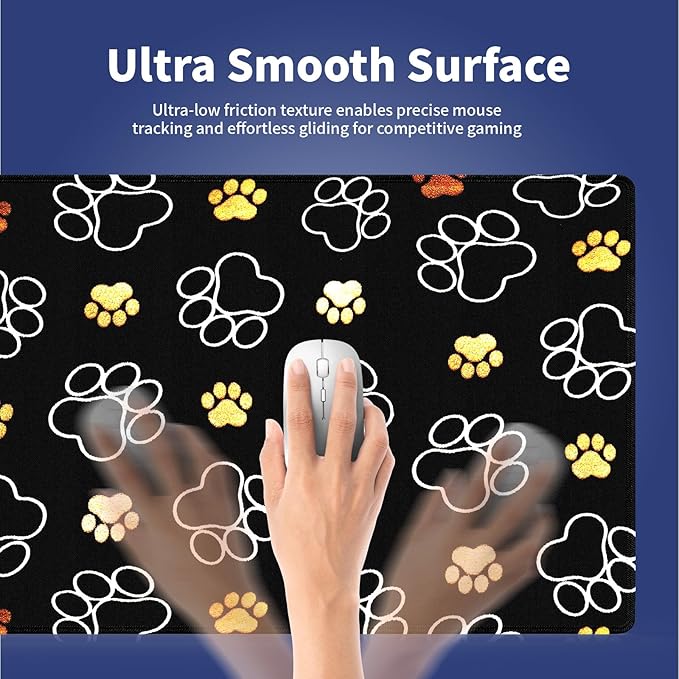 Extra Large Gaming & Office Mouse Pad (31.5" x 11.8") – Abstract Cute Dog Paw Prints Gold and White Design, Premium Anti-Slip XXL Desk Mat with Durable Stitched Edges