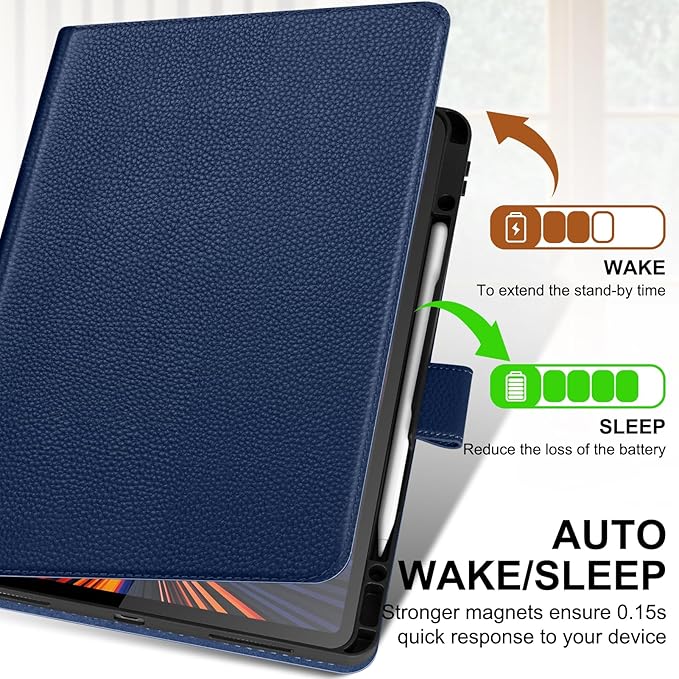 Genuine Leather Case for iPad Pro 12.9 inch 6th/5th/4th/3rd Generation 2022/2021/2020/2018 | with Pencil Holder and Adjustable Stand, Magnetic Closure, Auto Wake/Sleep Cover | Blue