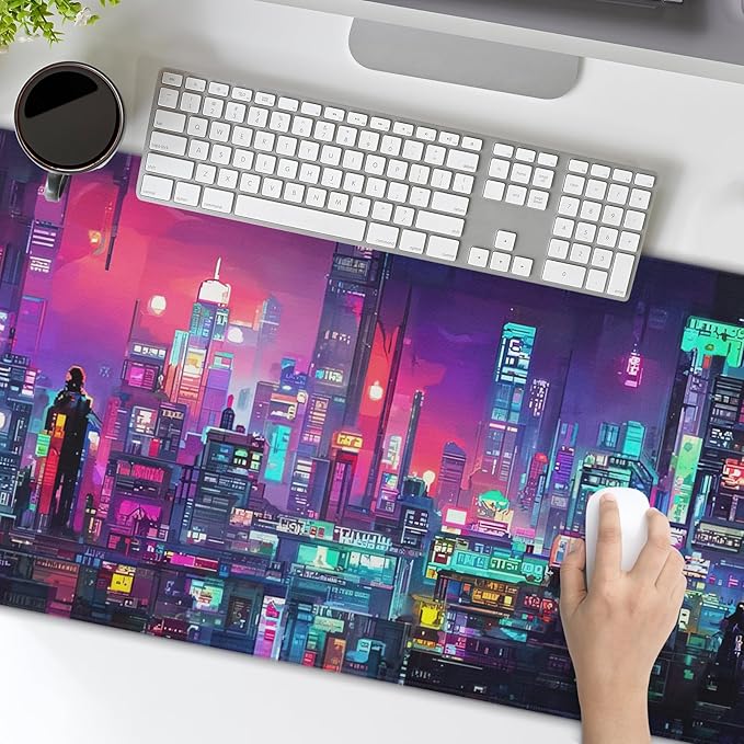 Retro Japanese Anime Gaming Mouse Pad Extended 3XL Cool Dark Purple Red Vaporwave City Large Desk Mat Big Mousepad Non-Slip Rubber Base Stitched Edge Long Desk Pad for Desktop Computer,47.2×23.6 in