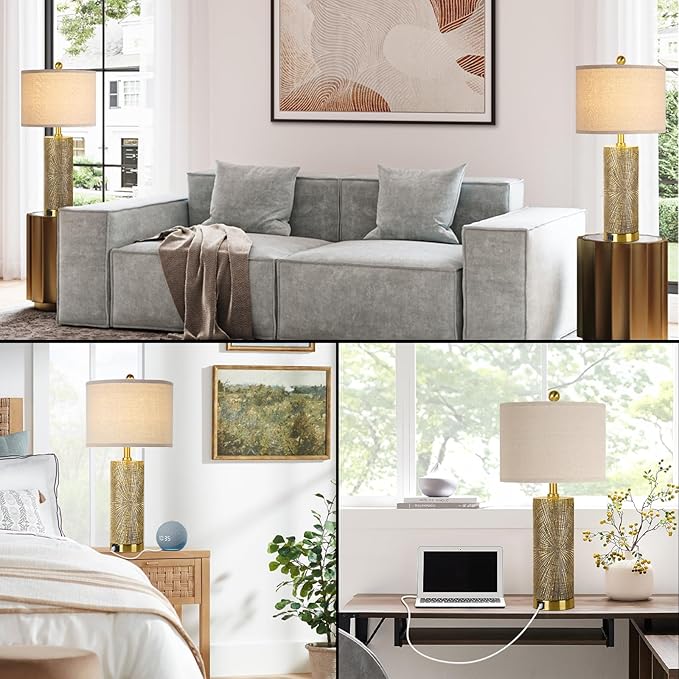 27" Gold Vintage Table Lamps Set of 2 with USB A+C Fast Charging Ports, Modern Farmhouse Bedside Nightstand Lamps for Bedroom with Beige Linen Shade, Rustic End Table Lamps for Living Room Office