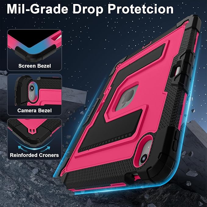 Kids Friendly Case for iPad Air 13 Inch M4 M3 M2 2026/2025/2024 Case with Pencil Holder & Shoulder Strap, Military Grade Shockproof Kickstand Hard Shell Protective Cover,Black+Rose