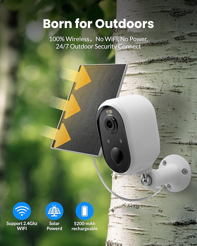 Aurumbach Solar Security Camera Outdoor Wireless 2 Pack, 2K Color Night Vision, Battery Powered PIR Motion Detection,2.4GHz WiFi Cameras for Home Surveillance, Light and Sound Alarm, 2-Way Audio