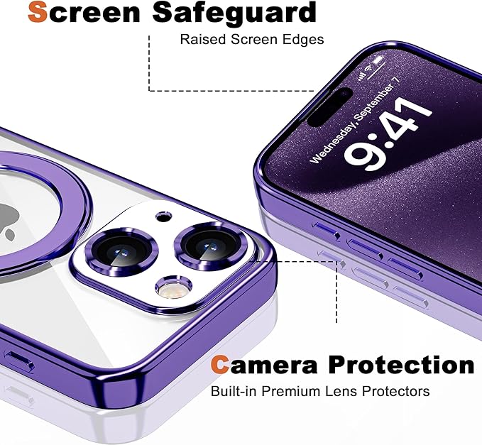 Compatible with iPhone 15 Plus Case with Invisible Magnetic Ring Stand [Compatible with Mag-Safe] [Full Camera Lens Protector] Plating Clear Phone Case for iPhone 15 Plus 6.7", Purple