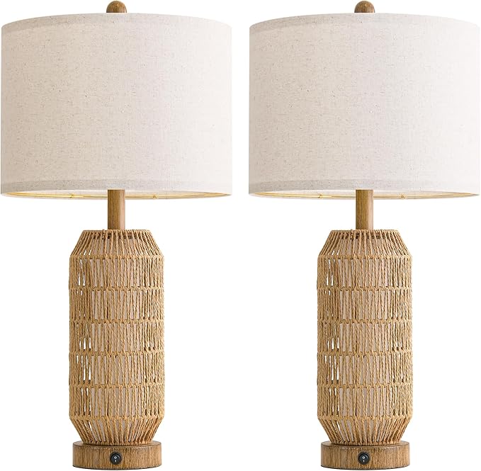 OYEARS 25" Table Lamps Set of 2 with Night Light,Bedside Lamps for Bedroom,Boho Lamps with USB C+A Charging Ports,Farmhouse Table Lamp with Rattan,Frosted Glass,Linen Shade,Wood Grain (Bulb Included)