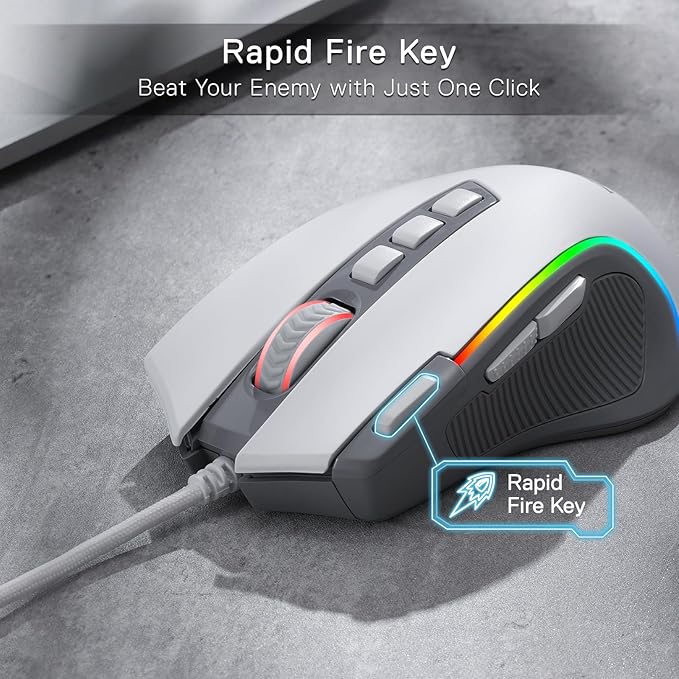 Redragon M612 RGB Gaming Mouse, 8000 DPI Wired Optical Mouse with 9 Programmable Buttons & 5 Backlit Modes, Software Supports DIY Keybinds Rapid Fire Button, Gray&White