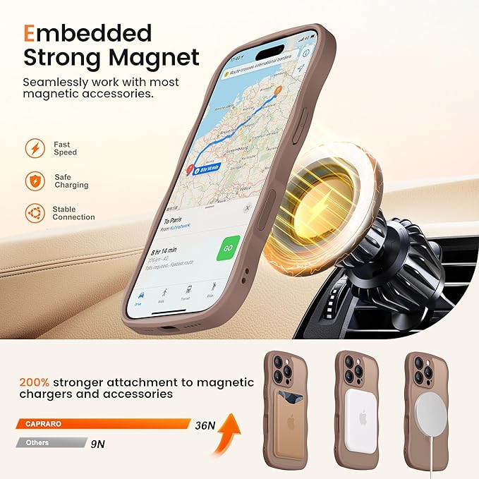 CAPRARO for iPhone 16 Pro Case with 360° Spin Magnetic Stand for Women, [Compatible with MagSafe] [Full Camera Protection] Cute Wave Translucent Matte Case for iPhone 16 Pro, Brown