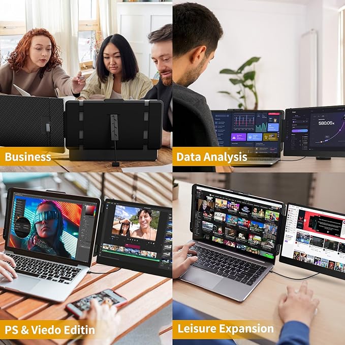 Laptop Screen Extender Monitor - 14 Inch Portable IPS FHD 1080P HDMI/USB-A/Type-C Dual Extended Monitor for Laptops (Maximum Length: 15.94") Compatible with Windows Mac Travel Gaming Work