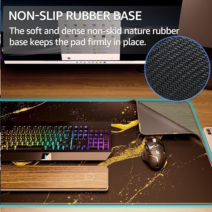 KTRIO Large Gaming Mouse Pad Desk Mat, Superior Micro-Weave Cloth, Non-Slip Rubber Base, Stitched Edges, Water-Resistant, for Gamer, Office & Home, 31.5 x 15.7 Inch， Black Gold