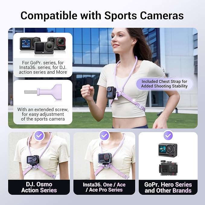 JJC Magnetic Neck Mount for Phone & Action Camera, POV Neck Holder for iPhone 17-12 Series Android Phones Gopro Insta360 with Quick Release & Angles Adjustment for Content Creating Women-Purple