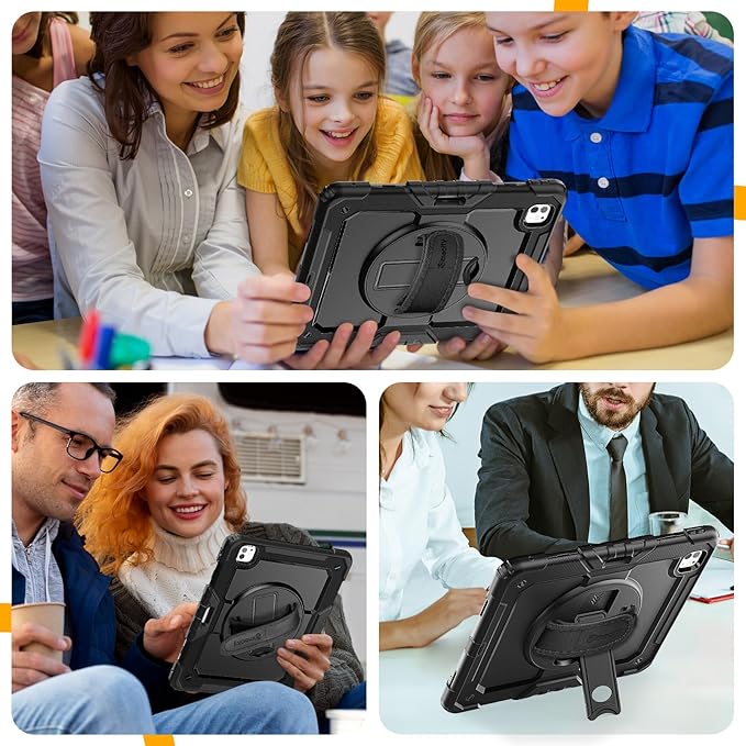 timecity Case for iPad Pro 13 Inch M5 2025 / M4 2024, 360° Rotating Stand, Pencil Holder & Wireless Charging, Shockproof with Screen Protector & Shoulder Strap - for Designers & Professionals, Black