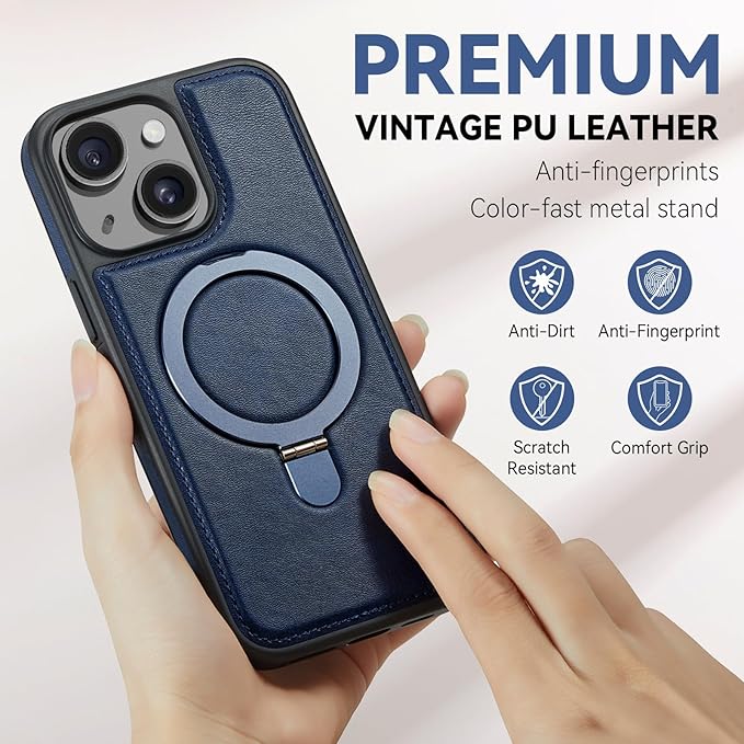 for iPhone 14 Plus Case with Stand Compatible with Magsafe Slim PU Leather & Durable TPU Drop Proof Magnetic Kickstand Protective Cover with Tempered Glass Screen Protector 6.7", Blue