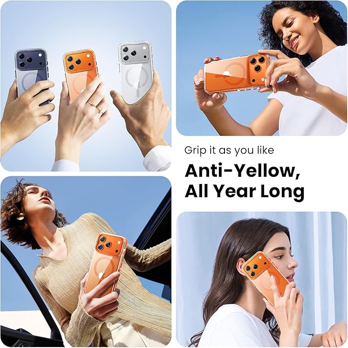 Anti-Yellowing for iPhone 17 Pro Max Case，1X Screen Protector +1X Camera Lens, [Compatible with MagSafe] [12FT Military Grade Drop] Slim Thin Phone Cover 6.9 Inch,Clear Orange