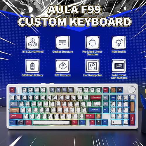 x Aula F99 Pro Mechanical Keyboard, Wireless Gaming Keyboards RGB Backlit Hot Swappable Custom Creamy Bluetooth Computer Keyboard, Tri-Mode BT5.0/2.4GHz/USB-C, Pre-lubed Switches PBT Keycaps