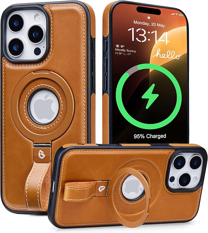 Butaiga for iPhone 15 Pro Leather Case with Stand, Anti-Slip Grip Ring, Fits for MagSafe (Brown, iPhone 15 Pro)