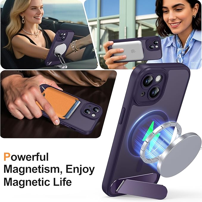 Magnetic Compatible with iPhone 15 Case, [Built-in Invisible Kickstand][Compatible with MagSafe][Full Camera Protection] Translucent Matte Phone Case for iPhone 15 6.1" Purple