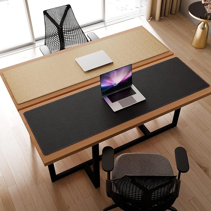 Chihein 55” x 20” Cork & PU Leather Desk Mat (Black) - Huge Mouse Pad, Double Sided Waterproof Desk Pad Protector for Gaming, Office, Home