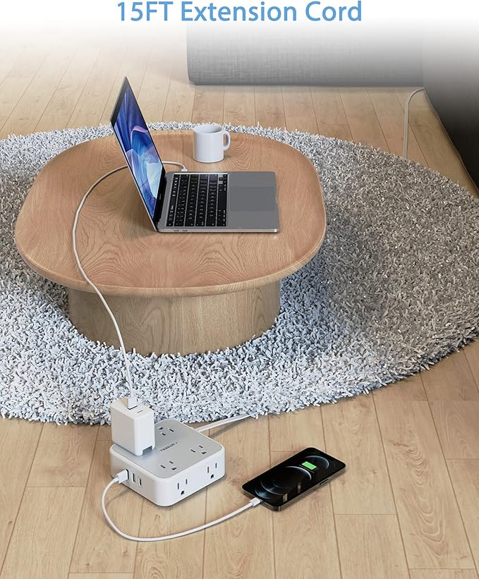 TESSAN Surge Protector Power Strip, 15 Ft Flat Plug Extension Cord with 3 USB (1 USB C) 8 Outlets, 1250W, 900J Protection, 3 Sided Outlet Extender with Power Switch for Office, Dorm Room, Grey
