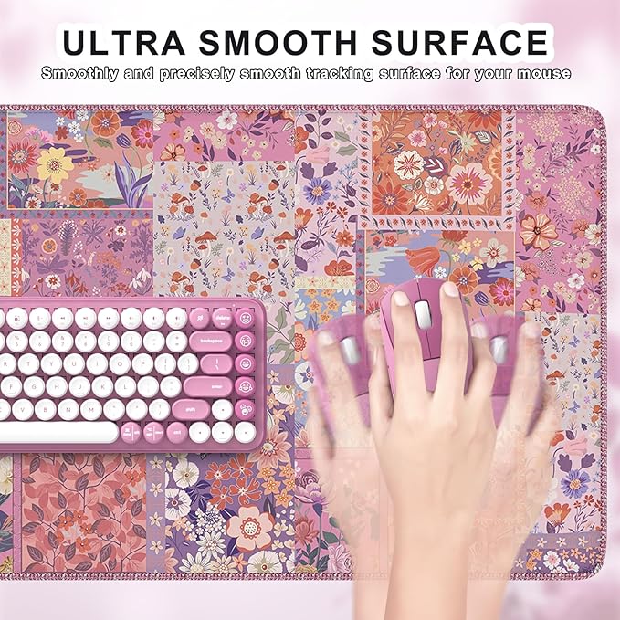 iCasso Floral Desk Pad Mat, Large Mouse Pad, Desk Matt for Desktop, Anti-Slip XXL Big Mousepad with Stitched Edges for Computer Keyboard (Rose Pink)