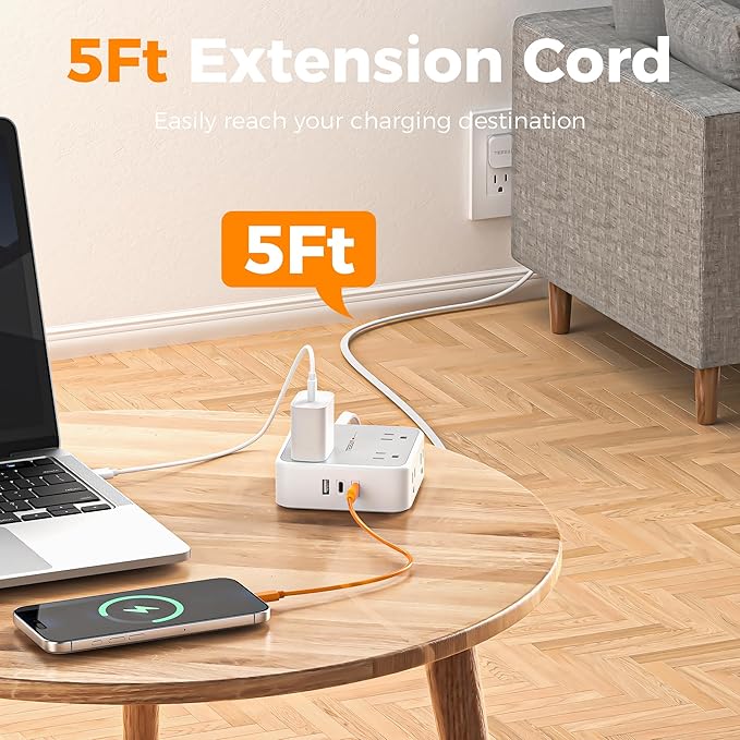 TESSAN Surge Protector Power Strip, 5 Ft Flat Plug Extension Cord with 3 USB (2 USB C) 8 Outlets, 1250W, 900J Protection, 3 Sided Outlet Extender with Power Switch for Office, Dorm Room, Grey