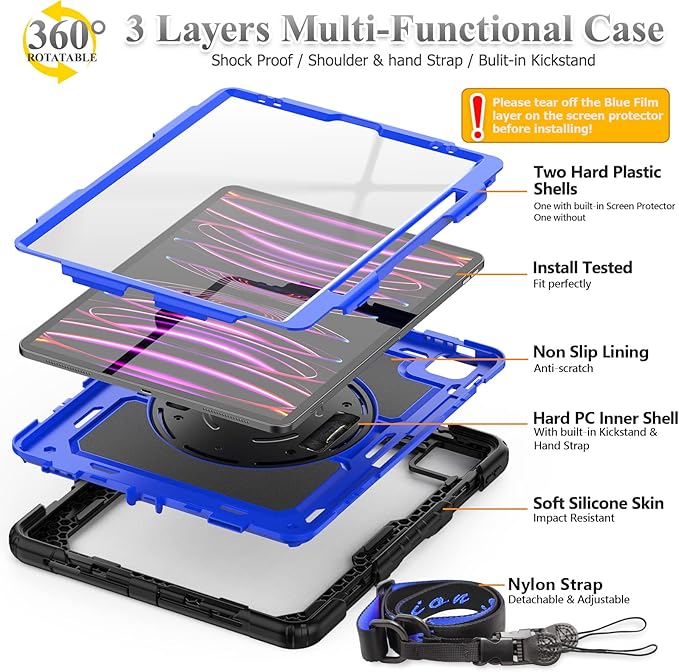 SEYMAC stock Case for iPad Pro 12.9'' 2022/2021/2020/2018 with Screen Protector 360 Rotating Stand Hand Strap, Drop-Proof Case for iPad Pro 12.9''(6th/5th/4th/3rd Generation), Blue/Black