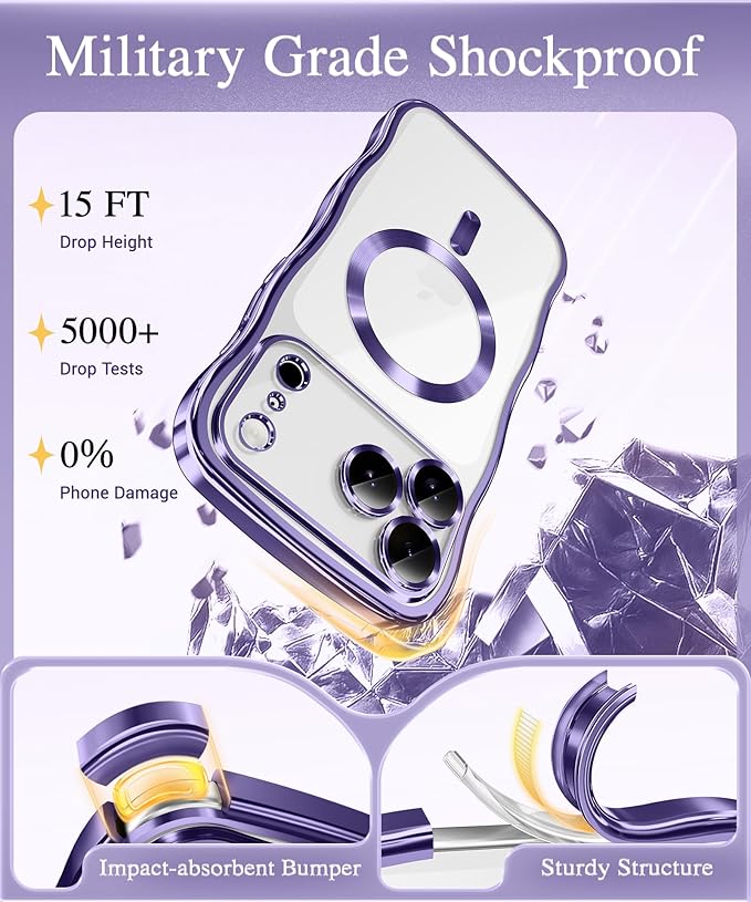 GVIEWIN for iPhone 17 Pro Case Compatible with MagSafe, Upgraded [Full Camera Protection][Cute Wave Frame][Military Grade Protection] Electroplated Hard Phone Cover for Women Girl, Clear/Purple