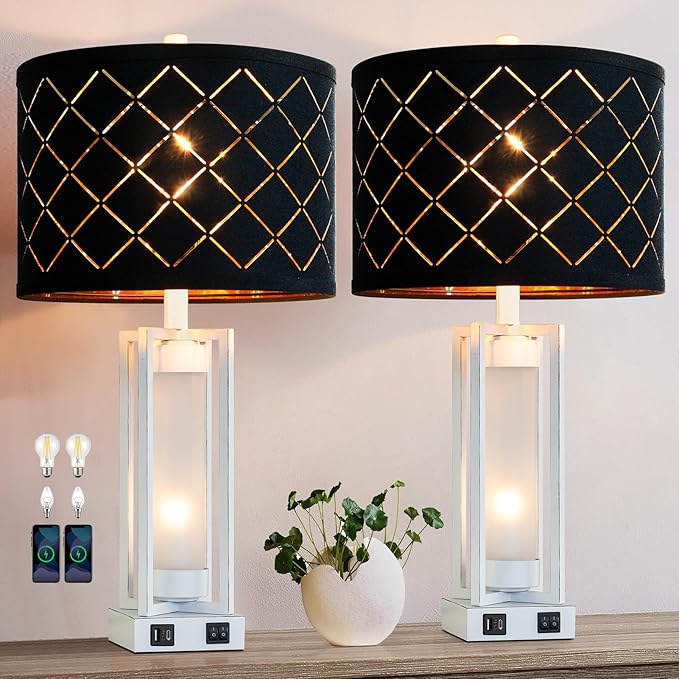 25" Set of 2 Farmhouse Table Lamps with USB C+A Ports, Rustic Retro Nightstand Lamps with White Night Light, Black Grid Shade, Desk Lamps for Bedroom Bedside, 4 Bulbs Included
