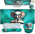 LIMKRIAN Desk Mat Pad, Large Gaming Mouse Pad with Wrist Rest Wrist Support, Ergonomic Mouse Pad Keyboard Mat Wrist Rest, Cup Coaster, Home Office Desk Accessories Decor Supplies, Cute Elephant