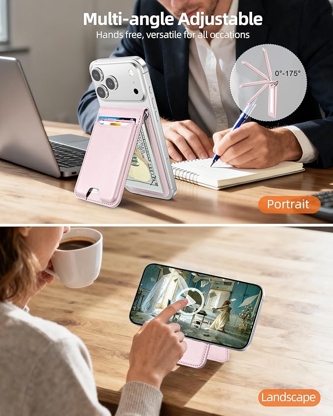 ExtreLife For Magsafe Wallet with Money Clip, Strongest Magnetic Wallet for iPhone 17/16/15/14/13/12 Series, Adjustable Stand, ID Window, 5 Card Holder, RFID Blocking, Not for 13/12 Mini, Baby Pink