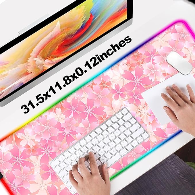 RGB Japanese Cherry Blossom Gaming Desk Mat, Computer Keyboard Large Extended Flowers LED Mouse Pad for Office and Home, 31.5×11.8 Inches, XL, Pink