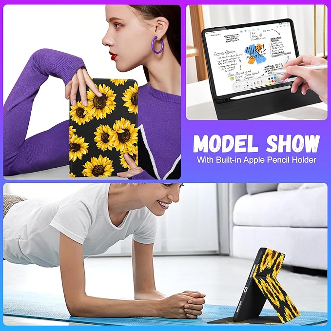 Uppuppy for iPad Air 13 Inch M2/M3, Pro 12.9 Case - Cute Women Girl Girly Aesthetic Sunflower Pencil Holder Folio Cover for Apple 12.9 inch for iPad Pro Case 6th/5th/4th/3rd Generation Air 13