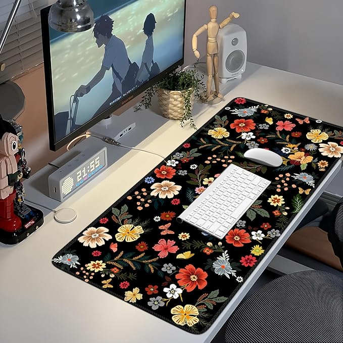 iCasso Desk Matt for Desktop, Cute Desk Pad Mat, XXL Large Mouse Pad, Anti-Slip Big Mousepad with Stitched Edges, Keyboard Pad Mouse Mat for Computer, Work, Gaming (Floral)