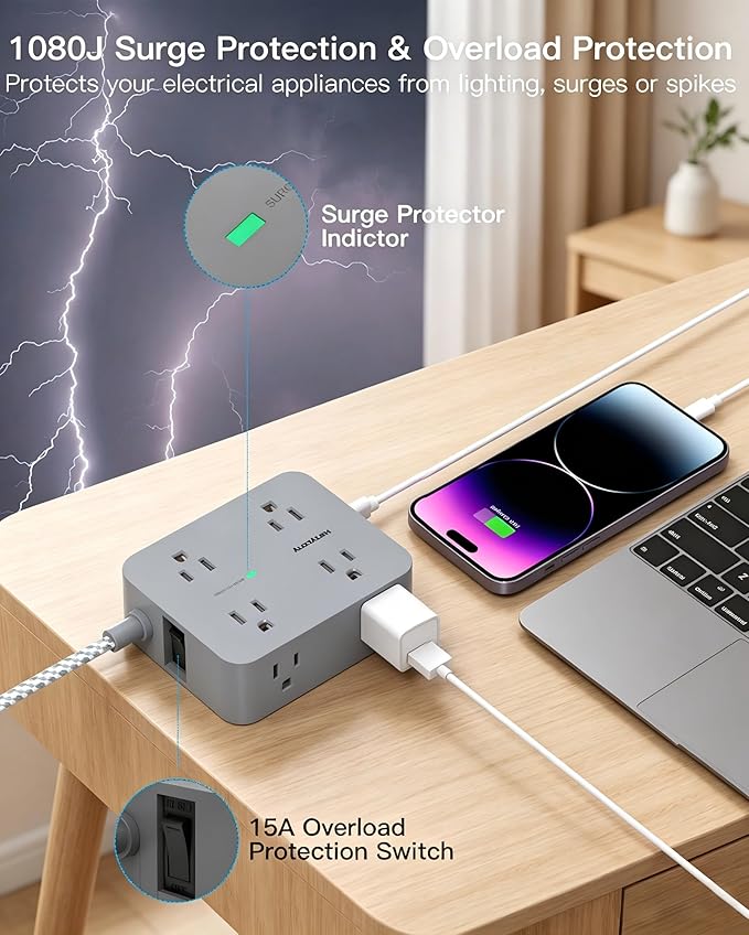 HANYCONY 10 Ft Surge Protector Power Strip, Extension Cord with 8 AC Outlets 4 USB (2 USB C) Ports, Flat Plug, Wall Mount Desk USB Charging Station for Home