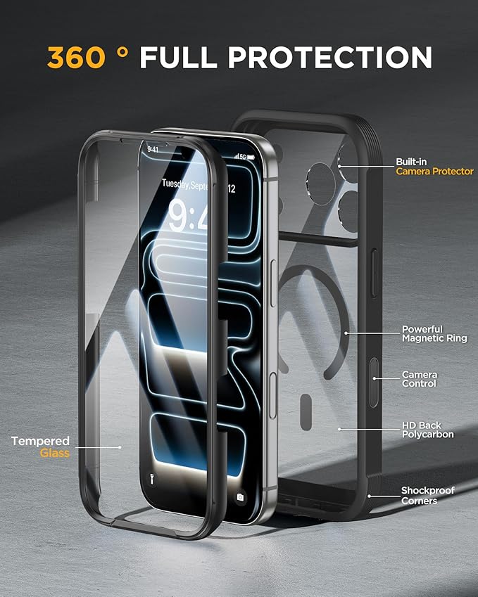 Miracase for iPhone 17 Pro Max Case 6.9" Full-Body Phone Case with Built-in Glass Screen Protector& Full Camera Protector, Camera Control [Magnetic with MagSafe] Drop Proof 17 ProMax Cover, Black