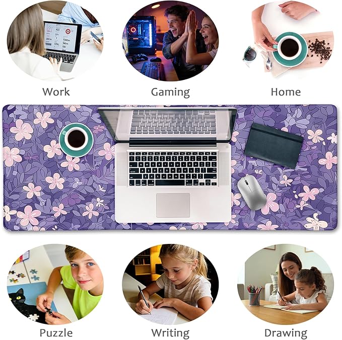 LIMKRIAN Cat Purple Mouse Pad Large Desk Mat, Kawaii Purple Computer Mousepad with Stitched Edges Non-Slip, Keyboard Mouse Pad for Desktop Cute Office Supplies Desk Decor Accessories 31.5x11.8 in