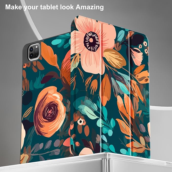 May Chen Case for iPad Pro 11 inch (4th, 3rd, 2nd & 1st Gen) 2022 2021 2020 2018, Trifold Stand + Pencil Holder + Auto Wake/Sleep + Soft TPU Protective Stand Back Cover, Abstract Florals