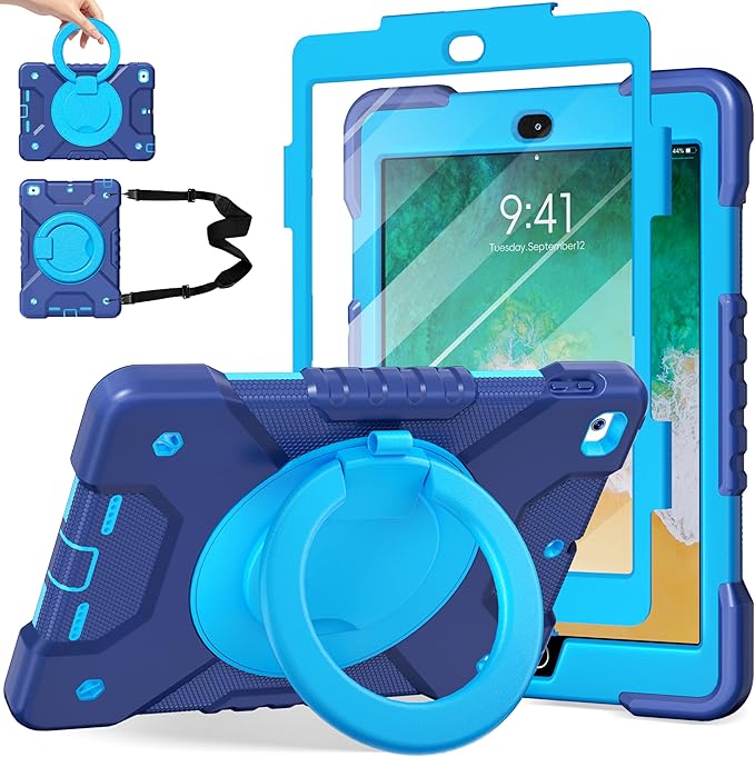 Andnary Case for iPad 6th/5th Generation 9.7 inch 2018/2017 Case, iPad Air 2/Pro 9.7 inch Heavy Duty Protective Cover with 360° Rotate Handle Stand, Pencil Holder, Shoulder Strap (Navy+Blue)