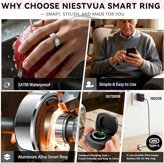 Smart Ring for Women & Men, Health & Fitness Tracker with Heart Rate/Sleep Monitoring/Blood Pressure, 5ATM Waterproof, Activity Trackers with Free App, Valentine's Day Gifts for Women