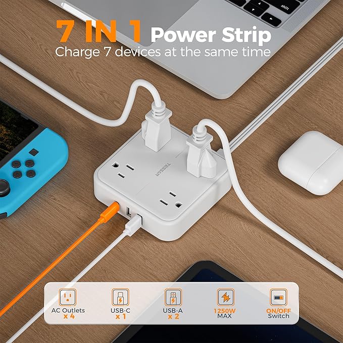TESSAN Surge Protector Flat Extension Cord 10Ft, Flat Plug Power Strip with 4 Outlets 3 USB Ports (1 USB C), 900 Joules Protection, Multiple Wall Outlet Extender Suitable for Home Office Dorm, White