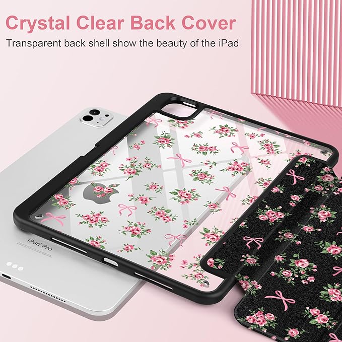 Case for iPad Pro 11 inch (M5) 2025 (M4) 2024 Release Slim Lightweight Cute Leather Black Cover with Clear Back TPU Edge Pencil Holder Trifold Stand, Roses