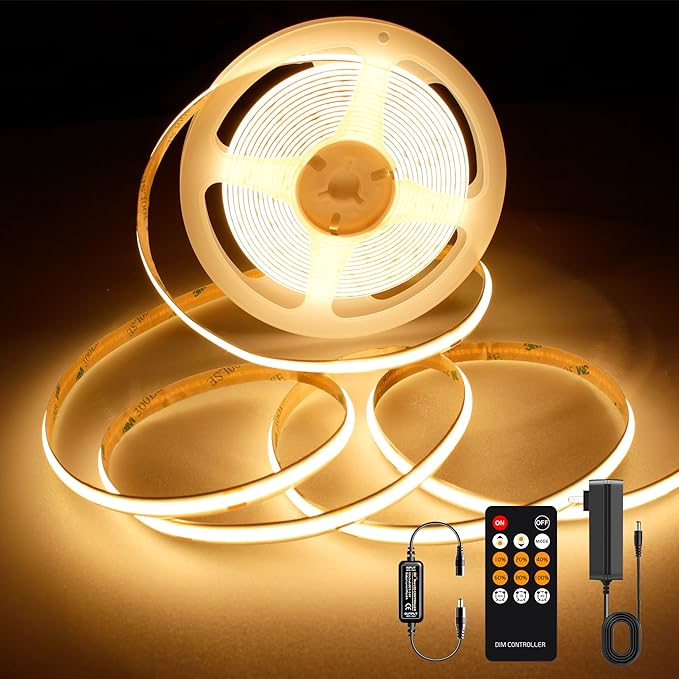 AXMOTUT COB LED Strip Light Warm White, High Bright LED Lights with 2400LEDs, RF Remote and UL Power Supply, 2700K Dimmable LED Rope Lights for Mirror, Bedroom, Kitchen, DIY Home Decoration