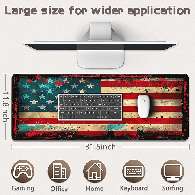Gaming Mouse Pad - (31.5"×11.8") American Flag Large Mouse Pads for Desk - Desk Mat for Keyboard and Mouse with Non-Slip Base, Desks Pad Matfor Game/Office & Home