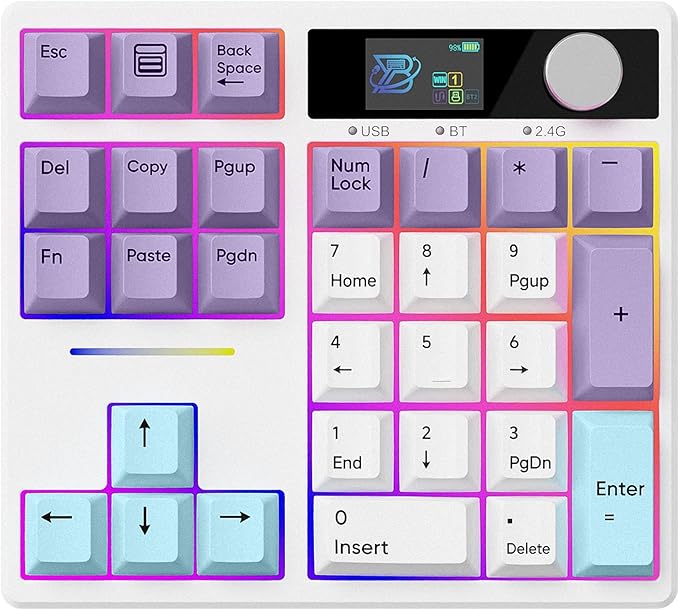 BOYI TD31Pro Mechanical Number Pad,Bluetooth5.0/2.4G/Type-C Wireless Numeric Keypad,RGB HotSwap Numpad with Screen&Knob,PBT Keycap Rechargeable Gasket Number keypad for PC Laptop Desktop(White-Purple)