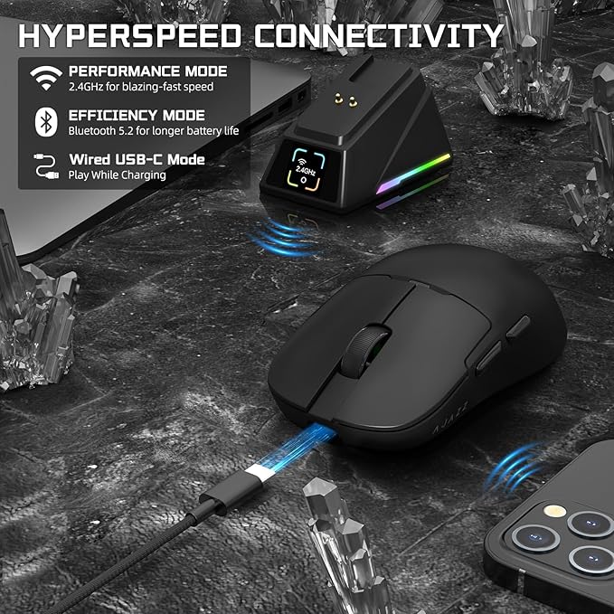 Yindiao AJAZZ AJ159 APEX Wireless Gaming Mouse with Magnetic Charging Base, 56g Lightweight BT/2.4G/USB-C Wired Mouse, PAW3950APEX 42K DPI Optical Sensor, Programmable Buttons for PC/Mac/Win(Black)