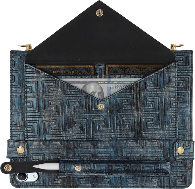Handbag Case for iPad mini 7 2024/Mini 6 Case - Techcircle Vintage Pattern Crossbody PU Leather Folio Envelope Pocket Stand Cover with Hand Strap+Shoulder Strap+Pencil Holder+Card Slots, Retro Navy