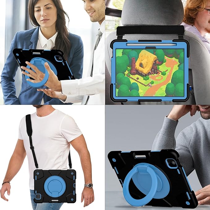 Andnary Case for iPad Air 11 inch Case M4/M3/M2 (2026/2025/2024), Heavy Duty Shockproof Cover with Screen Protector, 360° Rotating Stand, Pencil Holder, Shoulder Strap (Black+Blue)