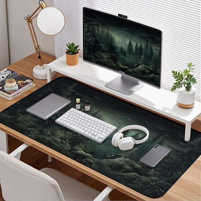 Dark Gloomy Forest Desk Mat Dark Green Aesthetic Mouse Pad XXL Large Gaming Mouse Mat for Office,Computer,Keyboard,Laptop and Home Desk Pad 31.5 X 15.7inch