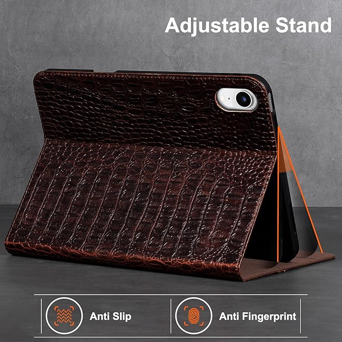 Gexmil Premium Leather Case for iPad mini 7 (A17 Pro) 2024 / iPad mini 6 Generation 2021 8.3 Inch,Pencil Holder, Magnetic Closure,Shockproof Cowhide Cover,Adjustable Stand,Brown Crocodile